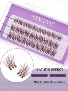 Neweye 30片棕色預黏貼自然風D捲度自黏簇裝假睫毛，10-14mm混長單簇睫毛，免膠水，蓬鬆輕盈卡通風，旅行化妝工具禮物，適合女性與女孩 - D - 查看 4