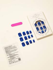 24pcs Short Square Simple Style Solid Sky Blue False Nails With Nail File & Jelly Glue Press On Nails Nail Supplies - Royal Blue - View 2