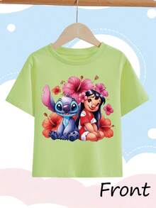 [Authentic] "Lilo & Stitch" Disney Girls' Summer Round-Neck Casual T-Shirt With Print-Perfect As A Birthday Gift, Girls' Summer T-Shirt - Lime Green - View 2