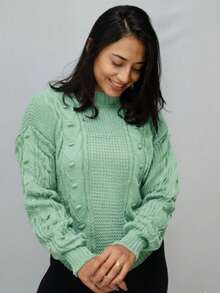 Women's Green Ribbed Sweater With A Braided Pattern, Long And Warm, With A Round Neck And Wrist-Length Sleeves, Made Of Soft, Wool-Like Fabric For Winter. - 薄荷綠 - 查看 1