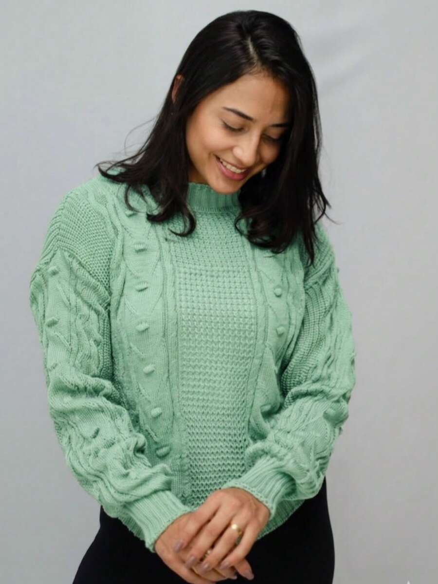 Women's Green Ribbed Sweater With A Braided Pattern, Long And Warm, With A Round Neck And Wrist-Length Sleeves, Made Of Soft, Wool-Like Fabric For Winter. - 薄荷綠 - 查看 1