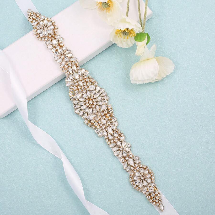 1pc Handmade Rhinestone Bridal Belt, Women's Rhinestone Wedding Dress Accessory - Gold Applique + White Ribbons - View 1