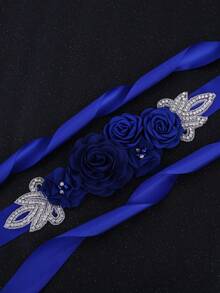 1pc Romantic Fabric Flower Handmade Rhinestone Bridal Waist Belt Wedding Dress Decoration Maternity Photography Accessory - Royal Blue - View 2