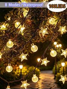 太陽能戶外燈串 5m 20leds/7m 50leds/12m 100leds 水晶球與星星花園燈串，8種模式防水仙女燈，適用於露台、庭院、圍欄、樹木、陽台、露營裝飾，聖誕節、情人節、萬聖節、節日送禮燈 - 太陽能燈串 - 查看 16