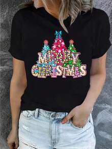 New Arrival,Women's Festive Christmas Tree & Letter Print T-Shirt - Casual Crew Neck, Short Sleeve Top For Spring & Summer,Best Gift For You - Black - View 1