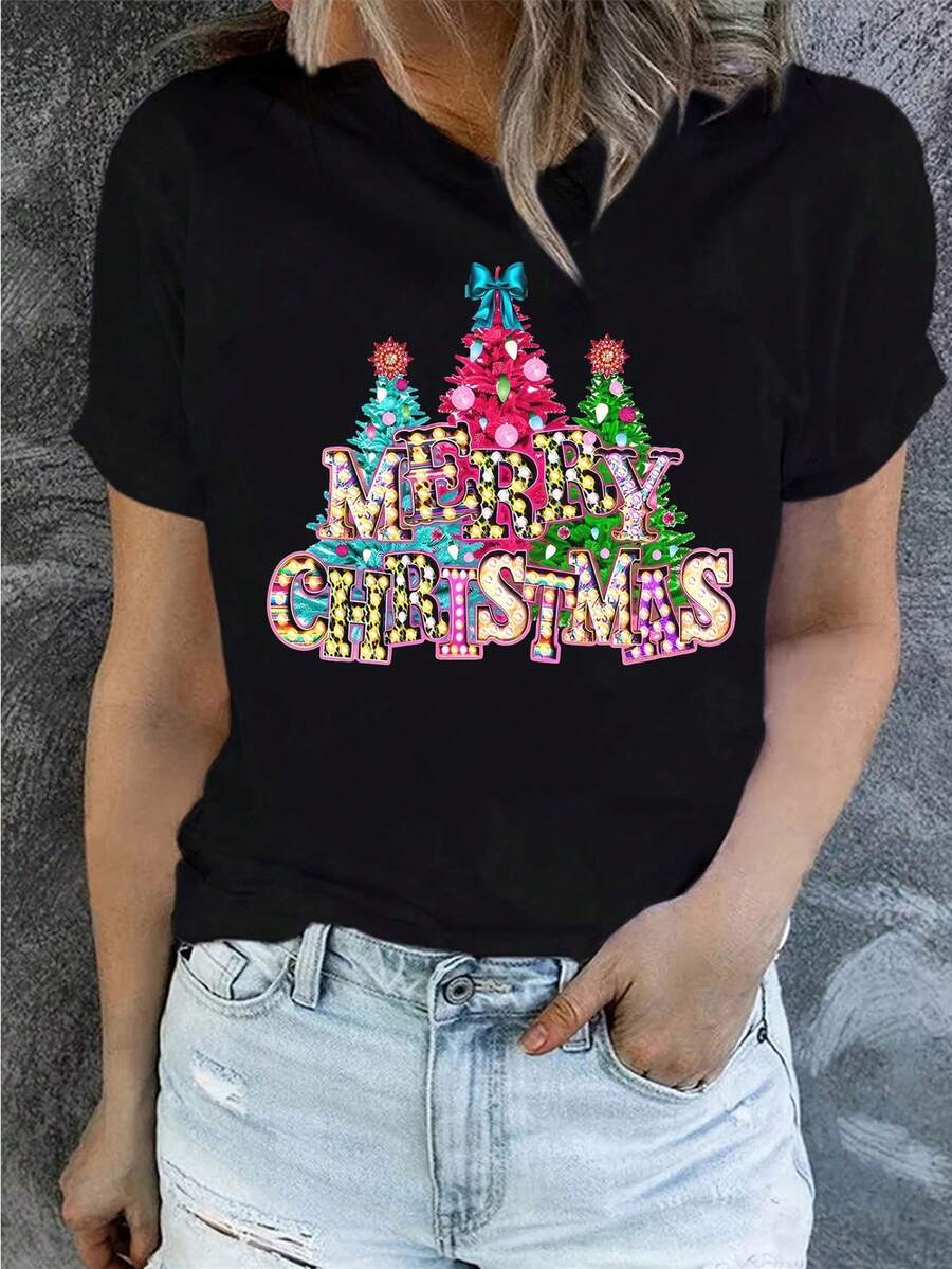 New Arrival,Women's Festive Christmas Tree & Letter Print T-Shirt - Casual Crew Neck, Short Sleeve Top For Spring & Summer,Best Gift For You - Black - View 1