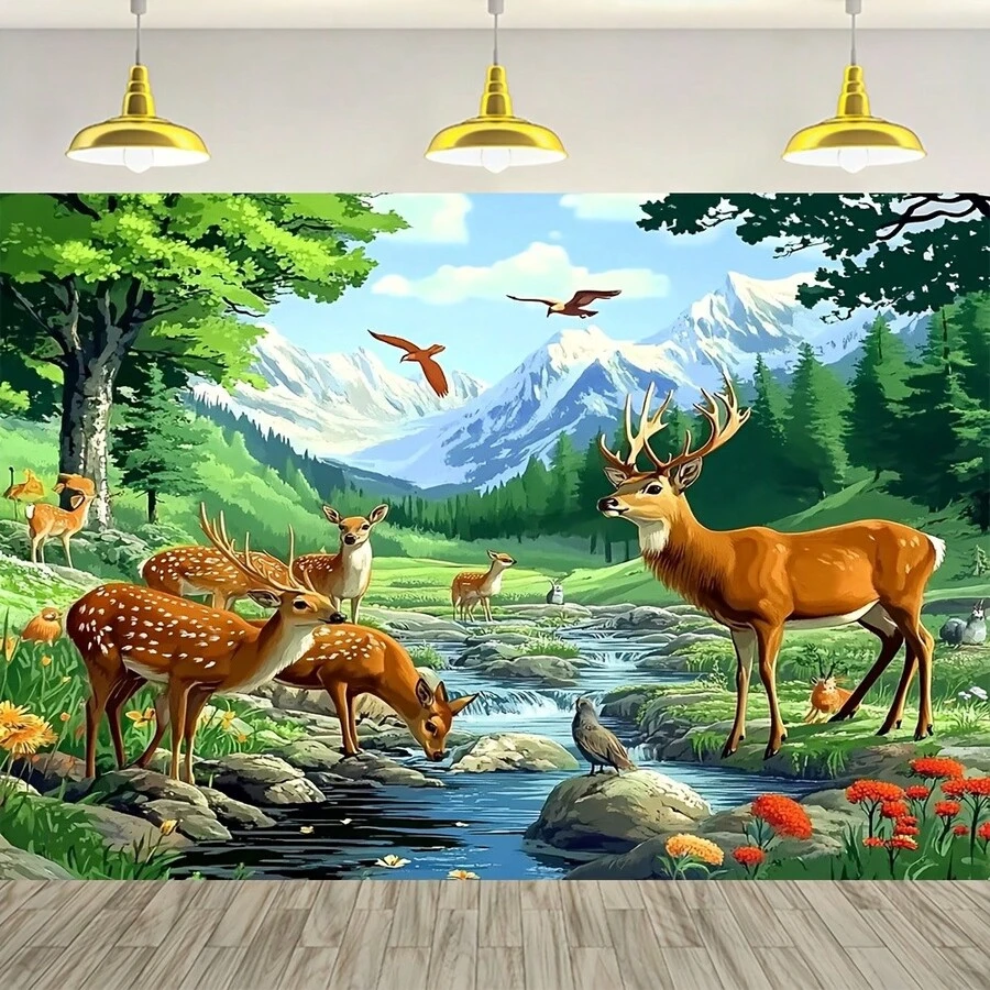 1pc Rustic Autumn Forest Deer And Bird Scene Durable Polyester Backdrop, Vibrant Wildlife Print, Suitable For Yard And Garden Decoration, No Power Needed, Garden Background_Rustic Design - 14 - View 1