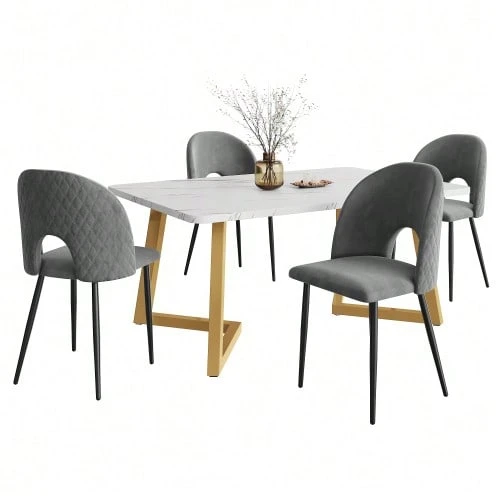 Matgrupp (rektangulärt bord 117 x 68 cm med 4 stolar), rektangulärt bord, modern köksgrupp, diamantmönstrade sammetsstolar, justerbara fötter, grå sammet, guldfärgade bordsben - Grå - Visa 1