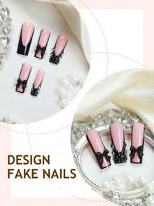 24pcs Black French Rectangle Press-On Nails With 3D Bows, Glossy Full Cover Fake Nails Suitable For Women And Girls - Includes Nail File And Nail Gel Accessories Nail Supplies - Multicolor - View 3