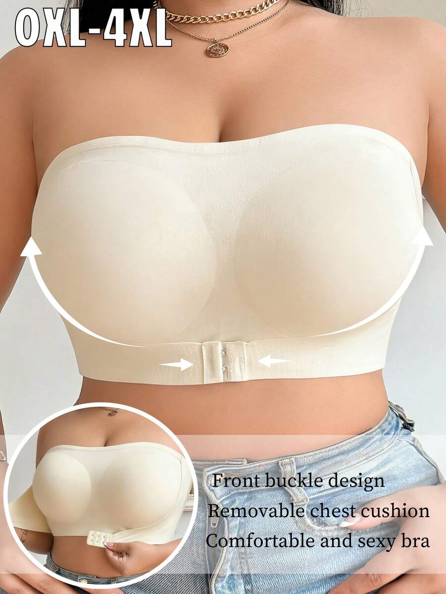 1pc Sexy Front Closure Plus Size Bandeau Bra, Push-Up Side-Support Seamless Strapless Bustier Bra In Apricot