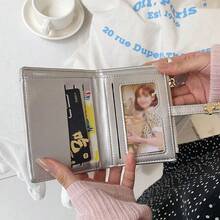 歐美風拼接PU皮革女款短夾，高級質感雙摺錢包，極簡銀色錢包 - 彩色 - 查看 3