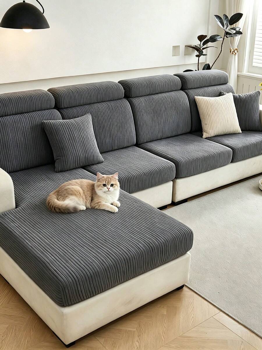 1pc Flocked, Quilted Geometric, Solid Color Sofa Cover, Waterproof, Dust-Proof, Dirt-Resistant, High Elasticity Sofa Cushion Cover, All Season Universal, Machine Washable, Style Non-Slip Sofa Cover, Living Room Sofa Protector Suitable For L-Shaped Sofa And 1234 Seat Sofa - Dark Grey - View 1