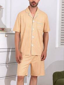 男士夏季短袖短褲條紋印花兩件套睡衣家居服 - 彩色 - 查看 2