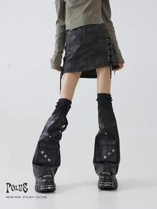 polve 1 Pair Y2K Subculture Style Black Leather Patchwork Ribbed Leg Warmers With 3D Pockets, Slimming Leg Covers - Black Rivets - View 8