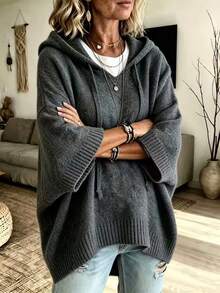Plus Size Women's Autumn/Winter Essential Vintage Hooded V-Neck Short Sleeve Drawstring Loose Casual Everyday Sweater - Dark Grey - View 4