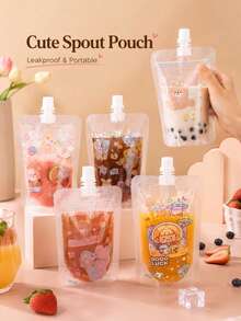 50Pcs Clear Spout Drink Bags, Cute Cartoon Stand-Up Beverage Pouches With Caps For Juice, Milk Tea, Coffee, Smoothies & Party Drinks - Multicolor - View 8