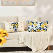 2/4 piezas Fundas de almohada lumbar con diseño de limón acuarela y hoja azul, fundas de cojín rectangulares con estampado de jarrón chino y cuadros, estilo granja, fundas decorativas de verano para sofá, cama y almohada (sin relleno de almohada incluido) - Multicolor - Ver 7