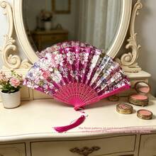 Floral Gold Foil Printed Folding Hand Fan With Tassel Pendant, Vintage Spanish Style Fan, Wedding Bride Ball Party Costume Accessory - Peony Flower Folding Fan - View 10