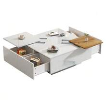 Modern Square Coffee Table In Glossy White Wood With A Shelf Measuring 75 X 75 X 33.5 Cm, Small Sliding Tray, Maximum Load Capacity 30 Kg. - 白色 - 查看 5