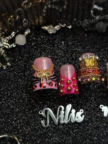 10pcs Handmade Fully Covered Short Duck Nails Press On Nails, Hot Pink Nails, Y2K Sweet And Hot Girl Style,Reusable False Nails With Jelly Glue And Nail File,Suitable For Club Night,Birthday Party,Summer Festival, Hangout,Punk Street Daily Styling - Hot Pink - View 5
