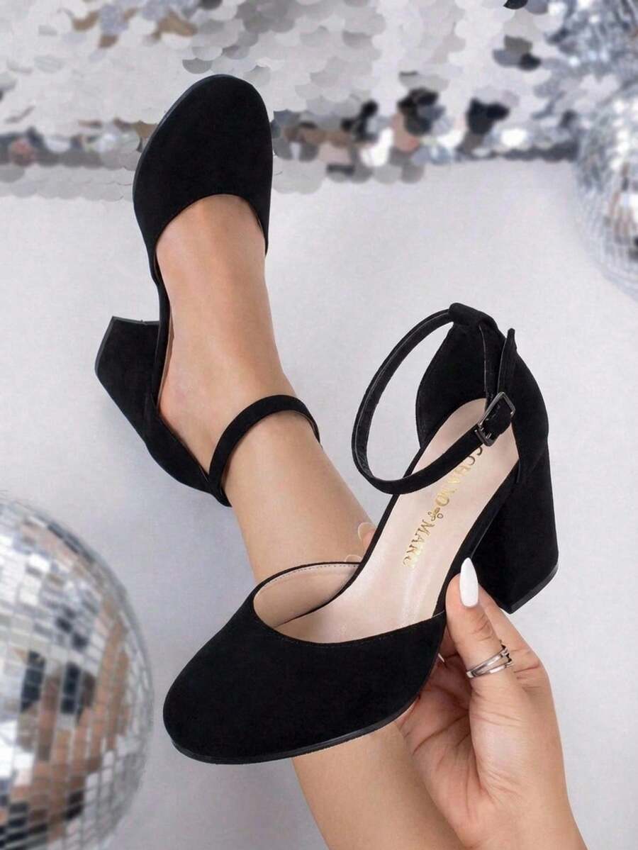 Zapatillas de tacón cuadrado de altura media para mujer de moda, con hermoso acabado y pulsera con hebilla ajustable en tobillo, perfecto para ocasiones especiales, fiestas o para añadir un - Champán - Ver 1