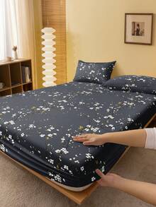 2/3-Piece Dark Gray Plum Blossom Print Bed Sheet Set, No Filling, Bedroom Bed Sheet Set, Brushed Microfiber Material, Breathable And Comfortable, Includes 1 Mattress Cover And 1/2 Pillowcases, Bed Cover Set, Extra Large, Large, Standard Double, Single Bed Sizes Available, Bedroom Bed Sheet Set, Breathable And Comfortable, Deep Pocket Design Up To 11.8 Inches, Breathable And Wrinkle-Resistant, Machine Washable, Suitable For Dorms, Back To School Season And Other Occasions. - Dark Grey - View 1
