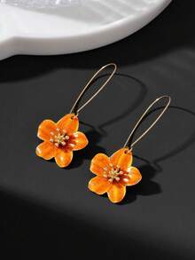 1 Pair Women's Niche Design Long Tie Dye White Enamel Flower Earrings, Summer Vacation Style, Commute And Beach Holiday Accessories - Orange - View 3