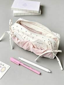 1pc Cute Polka Dot Bowknot Large Capacity Zipper Pencil Case, Student Stationery Storage Bag, Multifunctional Fabric Storage Pouch, First Day Of School - Multicolor - View 3