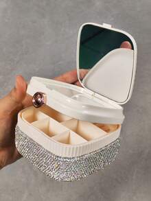 1pc Luxury Sparkling Artificial Rhinestone Lipstick Storage Box Necklace Earring Ring Jewelry Organizer Travel Portable Mirror Jewelry Box Exquisite Gift For Girls And Women - Silver - View 2