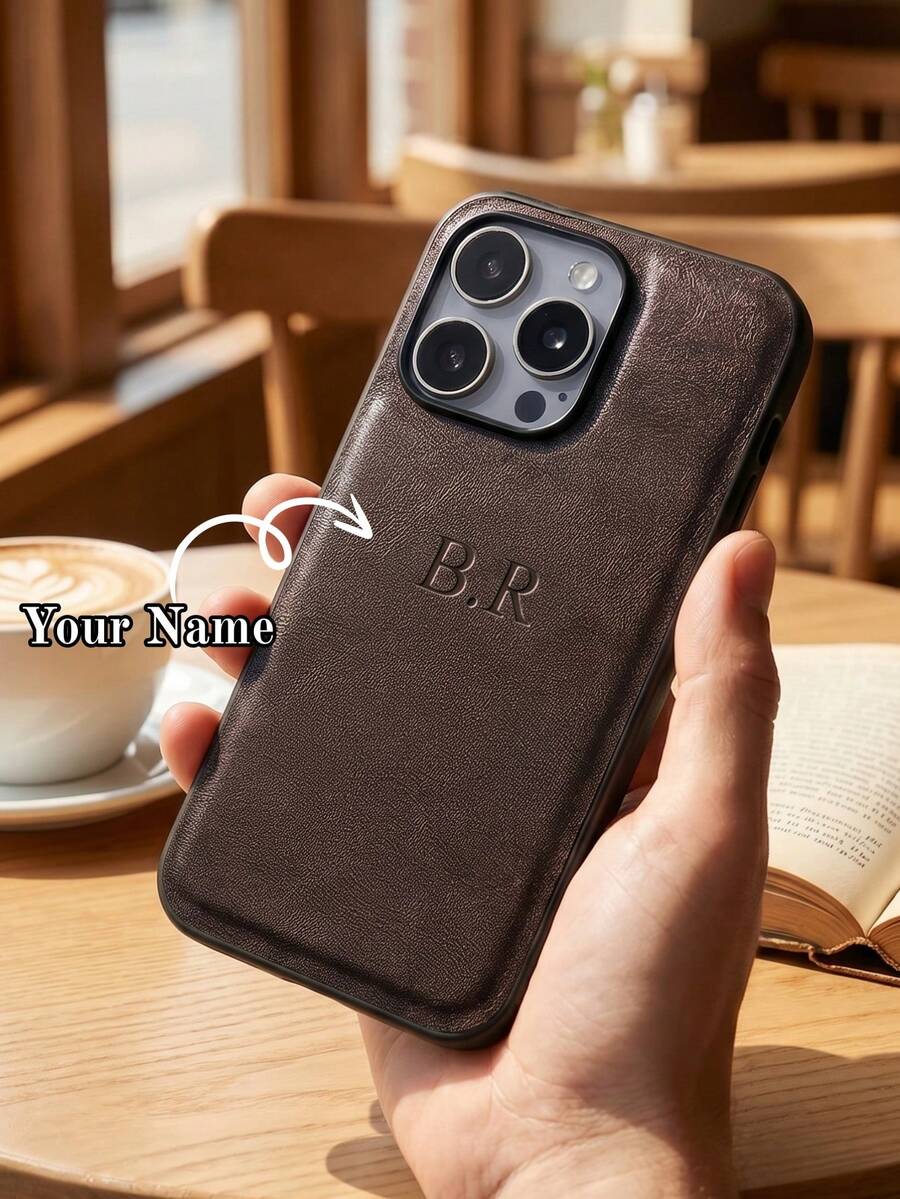 客製化個性化姓名手機殼，相容 iPhone 11 12 13 14 15 16 17 18 Pro Max Plus 17 Air，3D DIY 刻字字母縮寫姓名，奢華商務經典 PU 皮革防震保護殼，情人節/節日禮物送給愛人、朋友、家人或自己 - 酒紅色 - 查看 1
