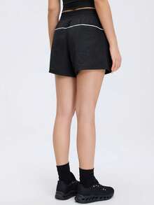 KyrLssu Minimalist Contrast Color Line Casual Shorts, Elastic Waist Loose Fit Shorts, Suitable For Various Styles Daily Matching - Black - View 3
