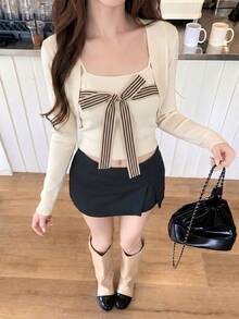 Autumn/Winter Sweet Minimalist Sexy Style Striped Bow Camisole + Short Knit Cardigan 2pcs Set Women's Clothing, New Year Atmosphere Autumn Outfit - Apricot - View 8