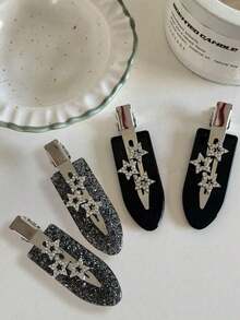 4 Pcs Metal Shiny Star Seamless Alligator Clips, Delicate Seamless Side Hair Clips, Bangs Clips, Makeup Clips. Stylish Silver Glitter Hair Accessories - Black - View 7