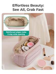 - Bolsa de maquillaje de viaje, bolsa de cosméticos, organizador de maquillaje, bolsa grande abierta para mujer, bolso para artículos de cambiador, accesorios, cepillos - 02-1 Capa - Rosa - Ver 3