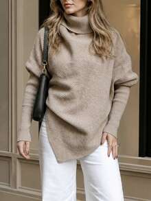 Women's Ribbed V-Neck Long Sleeve Knit Top, Medium Stretch, Suitable For Casual Wear In Autumn And Spring - Khaki - View 3