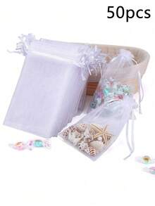 50 buah Kantong Kado Organza Transparan dengan Tali Serut, Kantong Organza Transparan untuk Liburan, Ulang Tahun, Pernikahan, dan Souvenir Pesta. - Putih - View 8