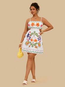 Vestido elegante de tiras finas con estampado floral tropical y recorte para mujer de talla, adecuado para uso diario, vacaciones, playa, primavera/verano - Blanco - Ver 1
