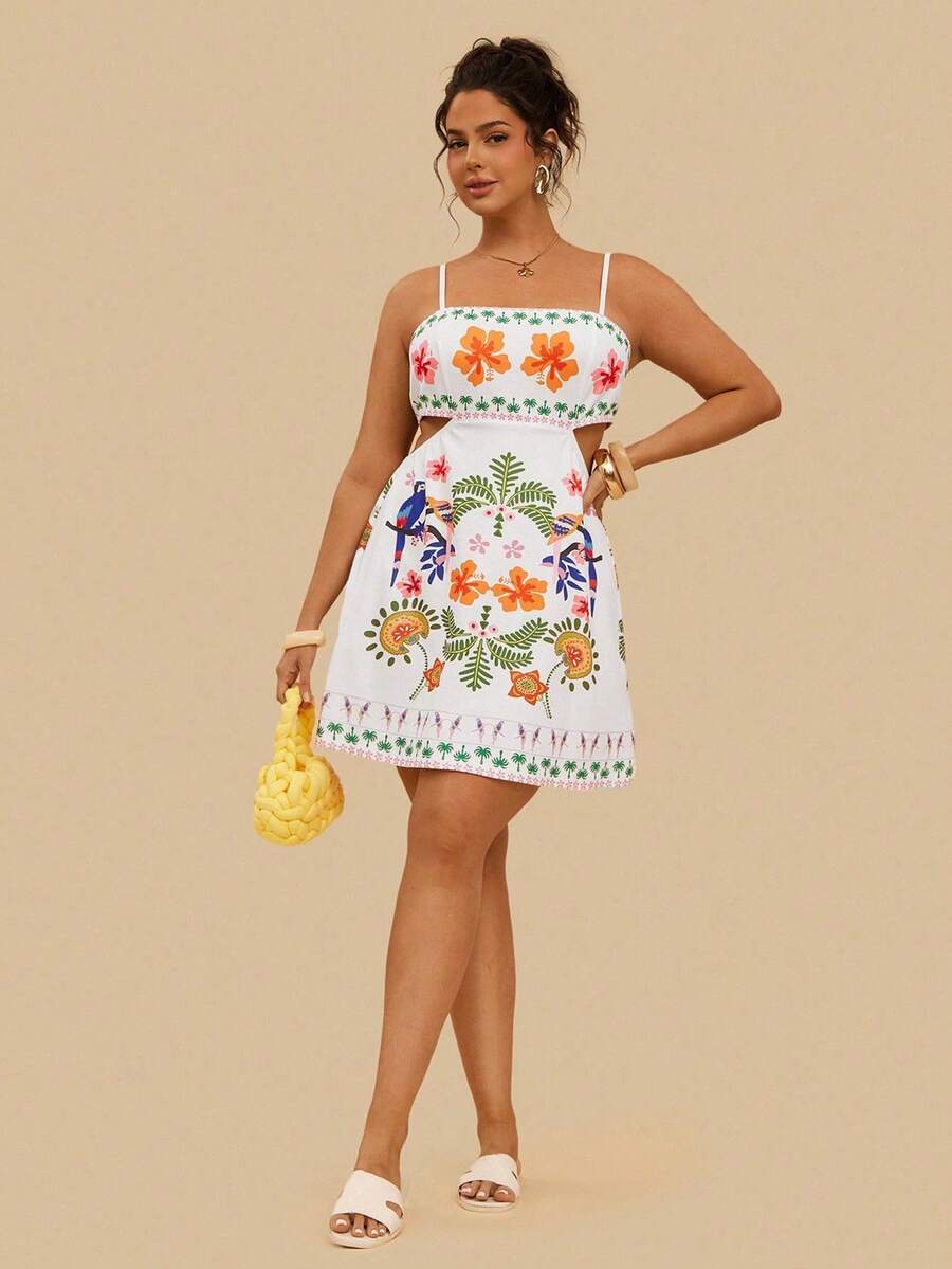 Vestido elegante de tiras finas con estampado floral tropical y recorte para mujer de talla, adecuado para uso diario, vacaciones, playa, primavera/verano - Blanco - Ver 1