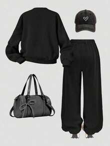 Youth Girl Heart Print Crew Neck Long Sleeve Top And Pants - Black - View 2