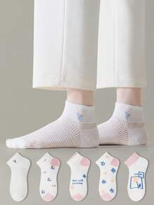 ZUJO 5 Pairs Women's Short Socks, Floral & Ditsy Pattern, Suitable For Spring, Autumn, Summer Daily Wear, Simple And Comfortable, Random Color - Multicolor - View 1