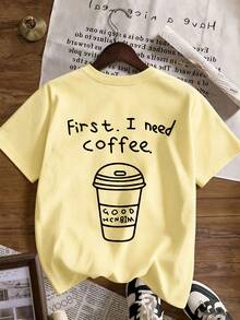 夏季新款女款針織休閒T恤，印有「First. I Need Coffee.」字樣，短袖設計，簡約時尚，適合日常與度假穿著 - 黃色 - 查看 5