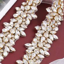 1pc Luxury Bridal Handmade Rhinestone Beaded Waist Belt Sash For Wedding Party - Gold Applique+Organza White Ribbon - View 3