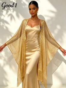 1pc Sequin Crochet Open Front Shawl, Minimalist Solid Color Style, Party & Vacation Wear, Plus Size Oversized Scarf,Accessories,Holiday - Gold - View 2