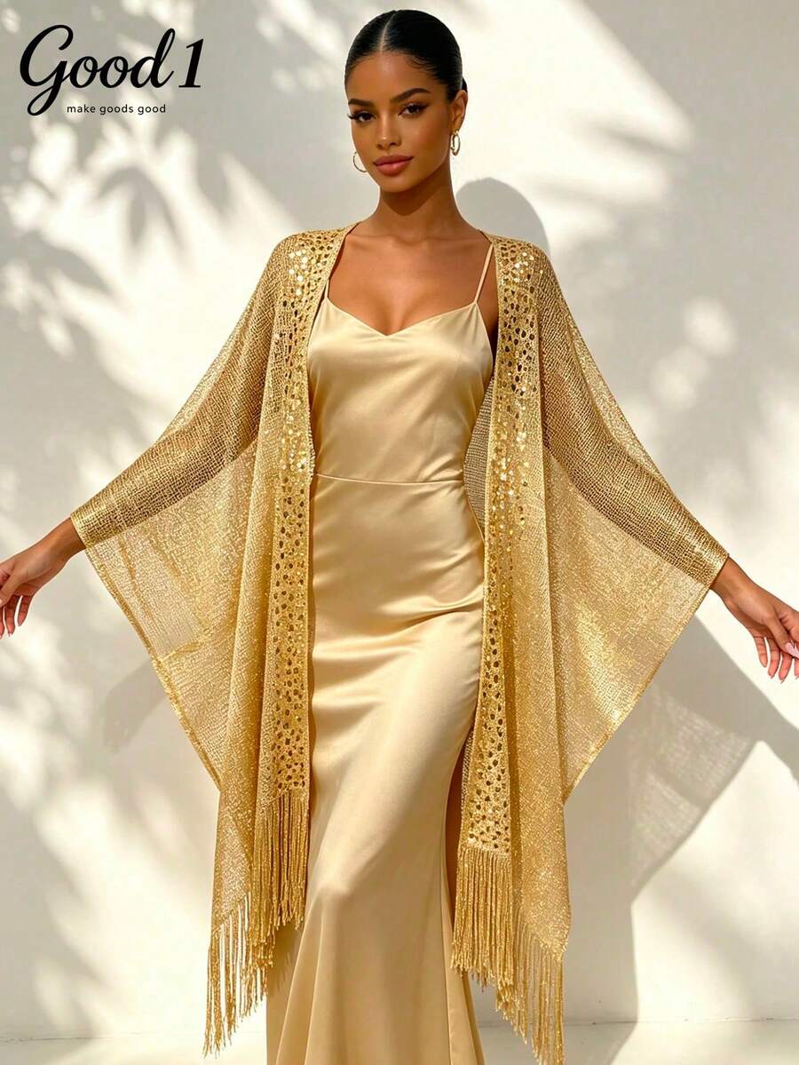 1pc Sequin Crochet Open Front Shawl, Minimalist Solid Color Style, Party & Vacation Wear, Plus Size Oversized Scarf,Accessories,Holiday