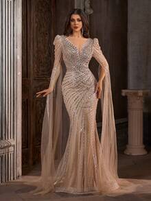 Elegant Women's Long Sleeve V-Neck Embroidered Flared Skirt Formal Dress, Suitable For Balls And Evening Parties - Apricot - View 4