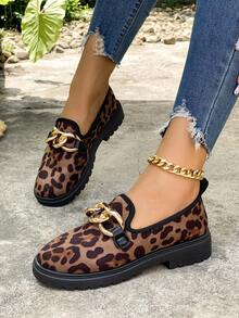 Leopard Print Design Thick Sole Women's Buckle Lightweight Flat Slip-On Shoes Anti-Slip Versatile Outdoor Shoes - Brown - View 4