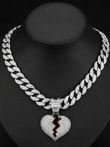 1 pieza Colgante de corazón roto con strass para hombre, cadena cubana de aleación de zinc con gema brillante, joyería unisex de estilo hip hop punk para uso diario y fiestas, regalo adecuado para todas las estaciones - Collar con colgante de corazón roto - Ver 12
