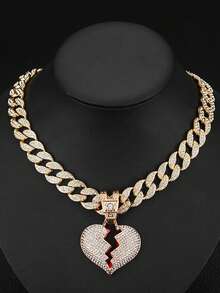 1 pieza Colgante de corazón roto con strass para hombre, cadena cubana de aleación de zinc con gema brillante, joyería unisex de estilo hip hop punk para uso diario y fiestas, regalo adecuado para todas las estaciones - Collar con colgante de corazón roto - Ver 16