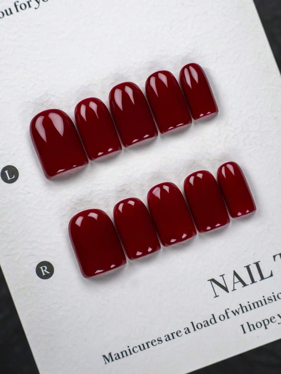 10pcs Short Square Pure Handmade Wearable Nails (Including Manicure Tool Set), Classic Glossy Red, High-Quality Press-On Artificial Nails Manicure Set, Suitable For Women & Girls, Perfect For Daily, Party, Wedding, Date, Work, Holiday, Anniversary & Casual Occasions - Multicolor - View 1