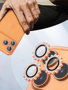 3pcs 17 Pro / 17 Pro Max Camera Lens Protector, Shiny Diamond Design, 9H Hardness Independent Metal Material, Anti-Scratch Camera Screen Protector, Fashion Accessory, Suitable For Phone Case (Orange) - Orange - View 3